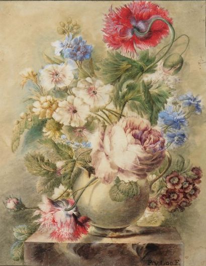 Attribué à pieter van loo (1731 - 1784) Bouquet de fleurs Aquarelle annotée en bas...