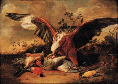 Attribué à guilliam gabron (1619-1678) Un aigle et ses proies Panneau parqueté, trois...