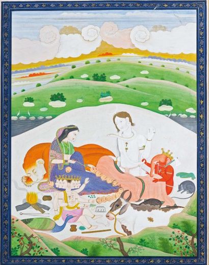 null La Sainte Famille». Dans un paysage, Civa, Parvati et leur enfants, Ganesh et...