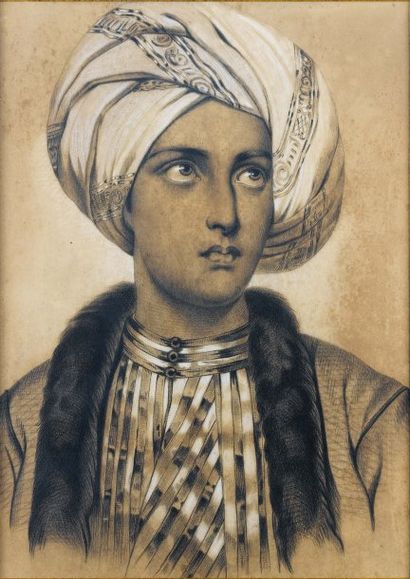 null Portrait de Cem Sultan (1459-1495). Fusain. Le prince est représenté en buste,...