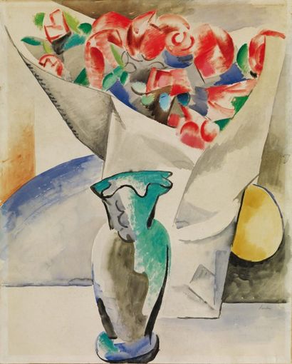Auguste HERBIN (1882-1960) Vase au bouquet de fleurs Gouache sur papier. Signée Herbin...