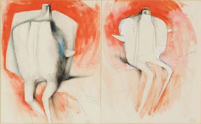 Bernard Meadows (1915-2005) Deux figures assises, 1962 Aquarelle et crayon sur deux...