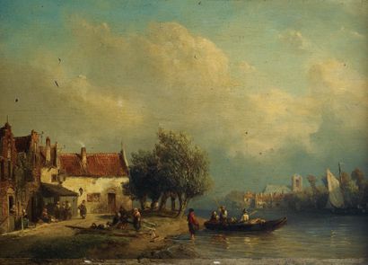 Salomon Leonardus Verveer (La Haye 1813 - 1876) Vue d'un village hollandais en bord...