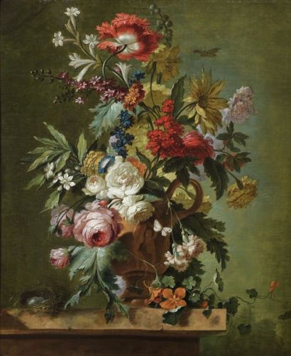 Gerrit Jan van Leeuwen (Arnhem 1756 - 1825) Bouquet de fleurs et nid d'oiseau Toile....