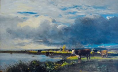 Eugène LAVIEILLE (1820-1889) Paysage aux vaches Toile. Signée en bas à droite. H_32...