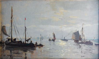Edmond Petitj ean (1844-1925) Le port Toile. Signée en bas à gauche. H_31 cm L_50,5...