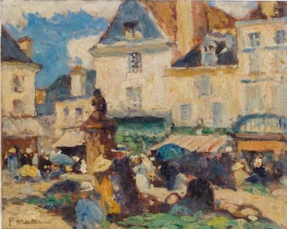 Fernand MAILLAUD (1862-1948) Marché à Issoudun Panneau. Signé en bas à gauche. H_25...