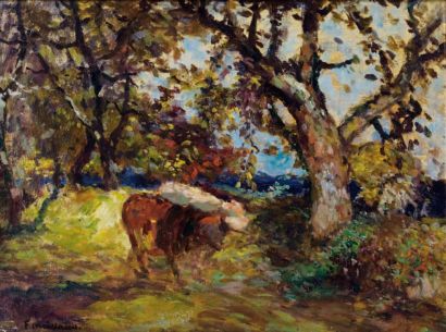 Fernand MAILLAUD (1862-1948) Paysage aux vaches Panneau. Signé en bas à droite. H_32...