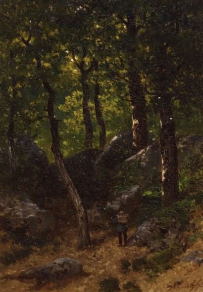 Eugène CICERI (1813-1890) Peintre dans les bois Panneau. Signé et daté 75 en bas...