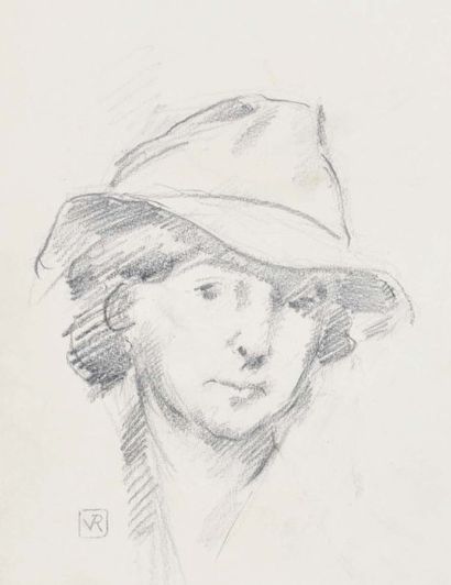 Théo Van Rysselberghe (1862- 1926) Portrait de jeune femme au chapeau Crayon noir...