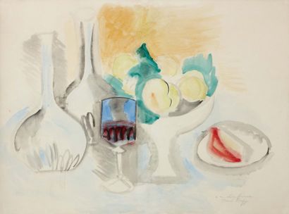 Raoul DUFY (1877-1953) Nature morte au verre Aquarelle sur papier. Signée Raoul Dufy...