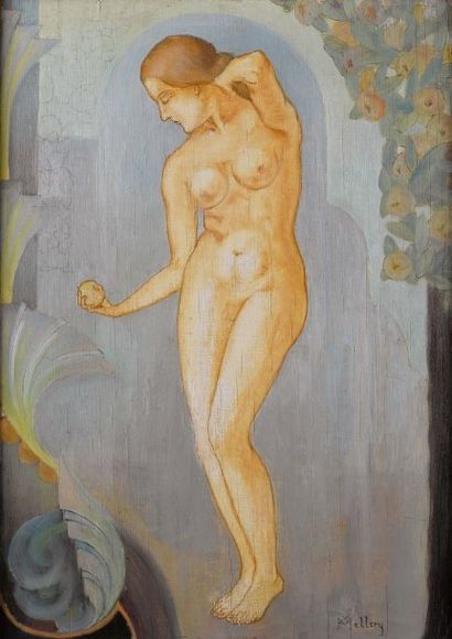 Xavier Mellery (1845-1921) Eve Huile sur panneau. Signée Mellery en bas à droite....