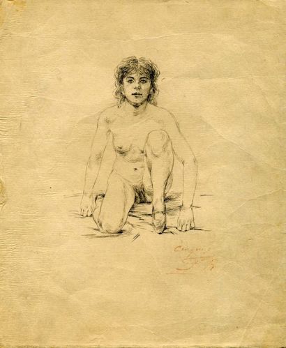 Félicien Rops (1833-1898) Femme agenouillée Dessin à la plume sur papier japon. Monogrammé...