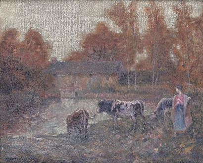 Michel KOROCHANSKY (1866-1925) Jeune femme dans un paysage Huile sur toile. Signée...