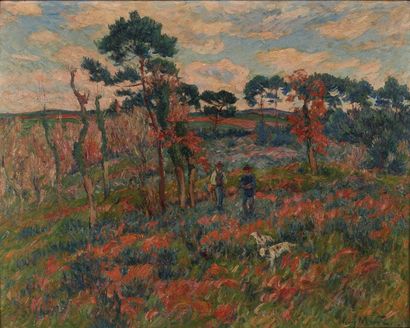 Henry MORET (1856-1913) Chasseurs dans les landes de Querrien, Finistère, Huile sur...