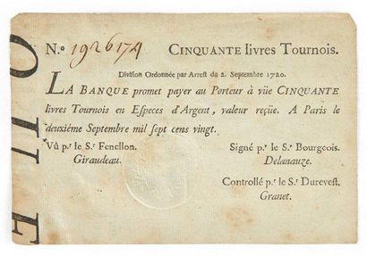 null Billet au porteur de cinquante livres tournois. Paris, le 2 septembre 1720....