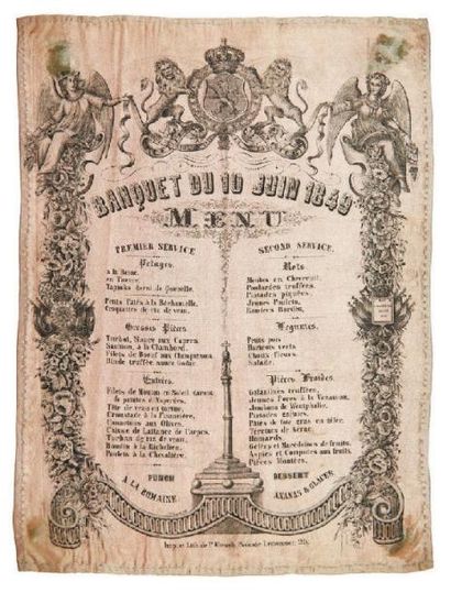 null Menu. Banquet du 10 juin 1849. Paris, Kirsch, 1849. Soie vieux rose imprimée...