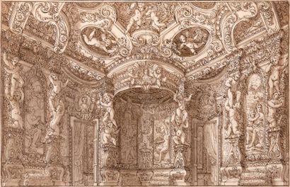 ÉCOLE MILANAISE DU XVIIIE SIÈCLE Vue d'un intérieur baroque décoré d'une alcôve meublée...
