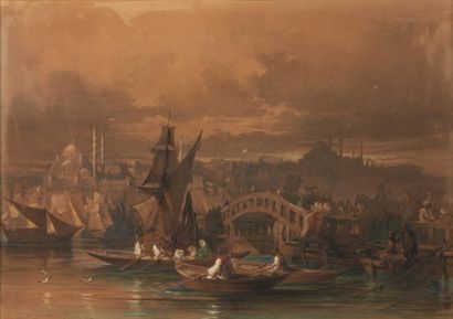 COMTE AMADEO PREZIOSI (1816-1882) Le pont Galata à Constantinople Gouache et aquarelle...