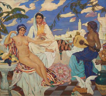 JOSEPH REUSCH (1887-1976) Trois femmes orientales Toile. Signée en bas à droite....