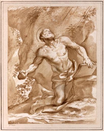DOMENICO PIOLA (GÊNES 1627 - 1703) Saint Jérôme pénitent agenouillé dans un paysage...