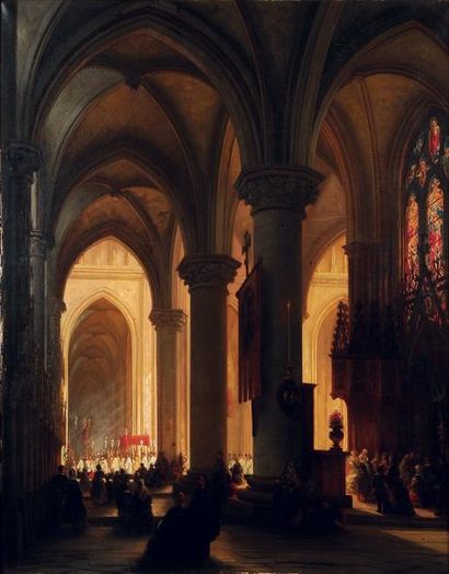 VICTOR JULES GENISSON (1805-1860) Intérieur d'église avec procession Toile. Signée...