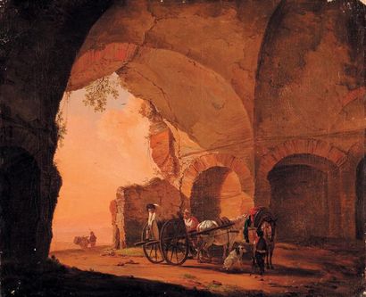PIERRE-NICOLAS DE FASSIN (1728-1811) Vue de grotte animée Huile sur toile. Signée...