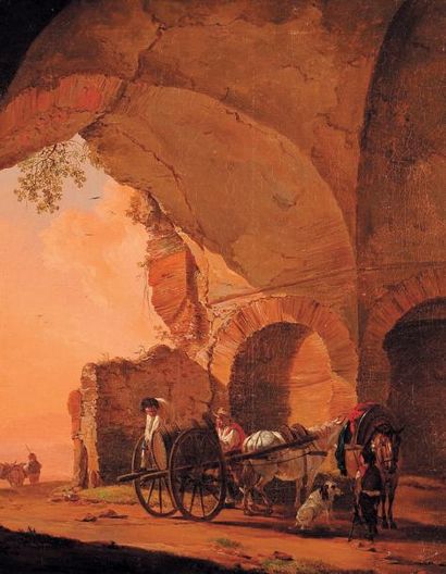 PIERRE-NICOLAS DE FASSIN (1728-1811) Vue de grotte animée Huile sur toile. Signée...