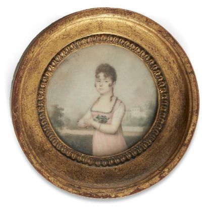 PIERRE-EDOUARD DAGOTY (1775 - 1871) Portrait d'une jeune fille en robe rose tenant...