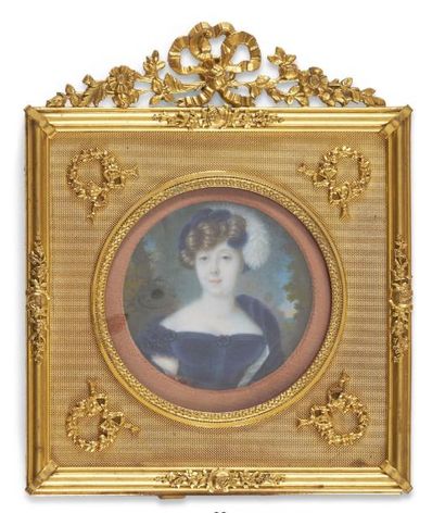 CHARLES CIOR (PARIS, 1769 - 1840) Portrait de jeune femme à la robe de velours bleu...