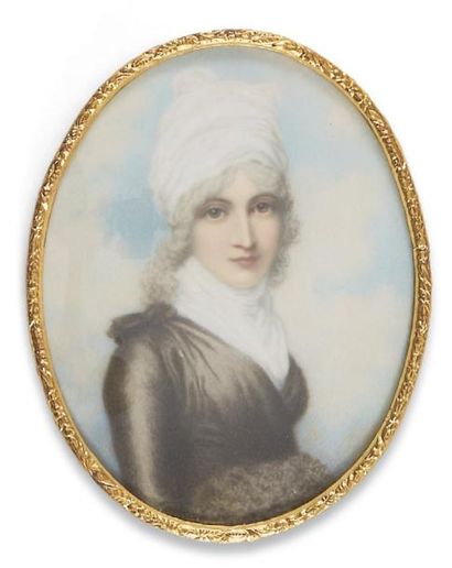 GEORGE ENGLEHEART (1750 - 1829) (ÉCOLE DE) Portrait de jeune femme en robe grise...