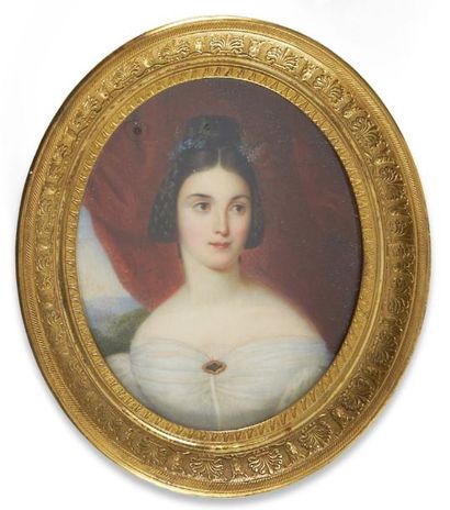 FRANÇOIS MEURET (1800 - 1887) (ÉCOLE DE) Portrait de jeune femme en robe de voile...