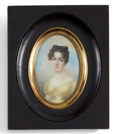 RODOLPHE BEL (PAYERNE, ? - 1849) Portrait de jeune femme en robe de voile jaune et...