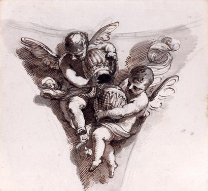 PIETRO FANCELLI (BOLOGNE 1764 - 1830) Étude pour un pendentif, Deux putti portant...