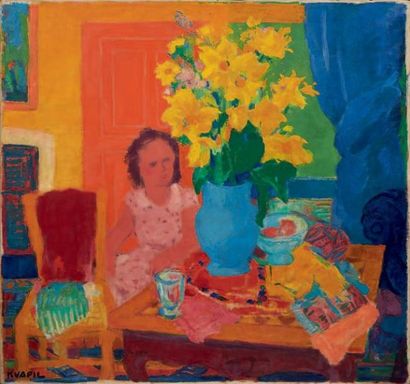 CHARLES KVAPIL (1884-1957) Composition au bouquet jaune Huile sur toile. Signée en...