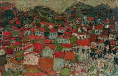ANDRÉ COTTAVOZ (1922-2012) Les toits rouges Huile sur toile. Signée en bas à droite....