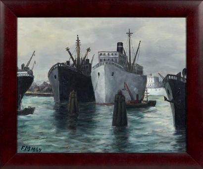 FRANS MASEREEL (1889-1972) Cargos dans le port, 1964 Huile sur panneau. Monogrammée...