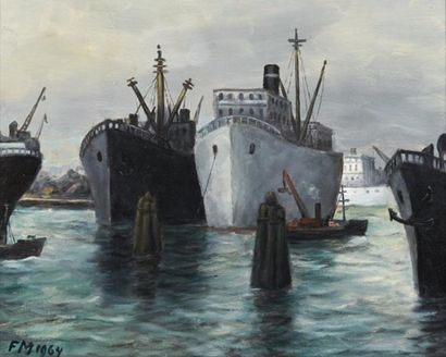 FRANS MASEREEL (1889-1972) Cargos dans le port, 1964 Huile sur panneau. Monogrammée...