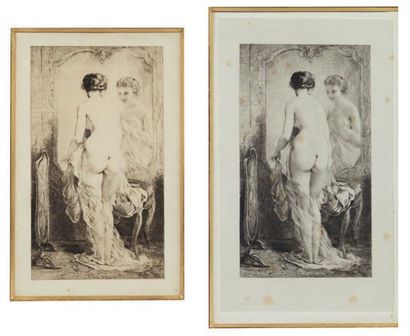 FÉLIX BRAQUEMOND (1833-1914) Le miroir. Eau-forte. Deux états. Signés. H_22 cm L_14...