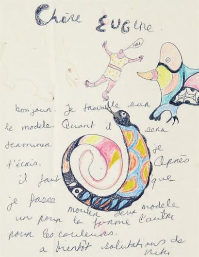 Niki de SAINT-PHALLE (1930-2002) Lettre à Eugène Crayons de couleur sur papier. Signé...