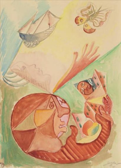 LÉOPOLD SURVAGE (1879-1968) Transformation ou Le papillon, 1945 Aquarelle sur papier....