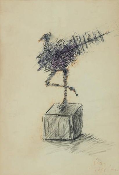 CÉSAR (1921-1988) Poulette, 1981 Dessin au fusain et encre sur papier. Signé et daté...