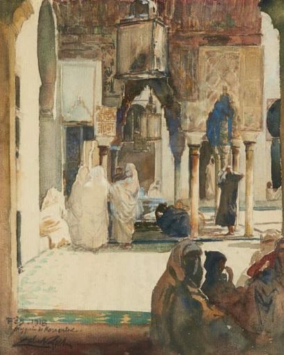ALMERY LOBEL-RICHE (1880-1950) Réunion dans la mosquée de Fez, 1918 Aquarelle sur...