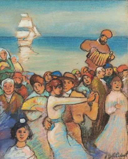 RAMON PICHOT-GIRONES (1872-1925) La fête au bord de l'eau Pastel sur papier. Signé...
