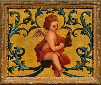 null Ensemble de deux éléments de boiserie peinte, à décor de putti musiciens et...