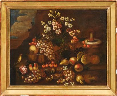 null Ecole française du XVIIe siècle
Nature morte aux fleurs, fruits, à l'oiseau...