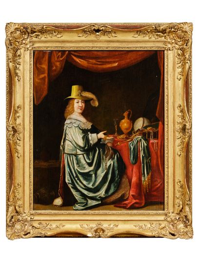 null École hollandaise du XVIIIe siècle,
Dame assise au chapeau entourée des symboles...