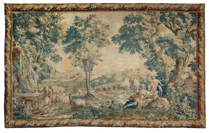 null Importante tapisserie d'Aubusson en laine et soie à deux thèmes : Scène pastorale...