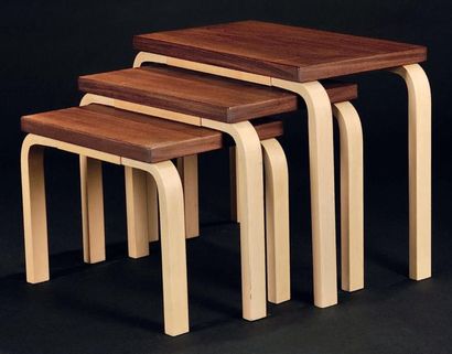 Alvar Aalto (1898-1976) Tables gigognes modèle «88» Bouleau stratifié plié, plateau...