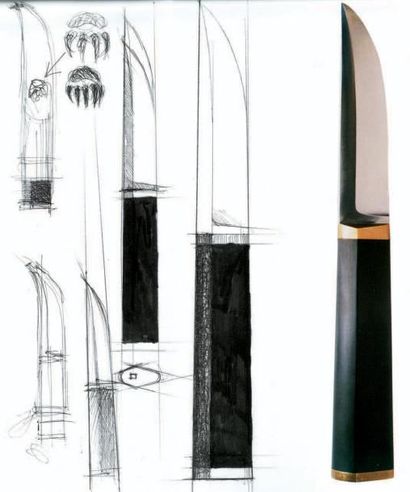 Tapio WIRKKALA (1915-1985) Couteau de pêche et son étui Cuir, acier inoxydable, bois...